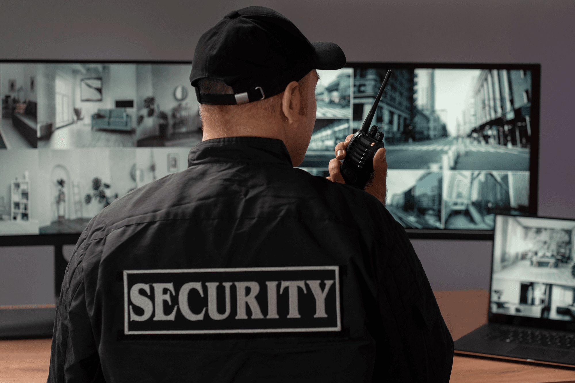 Security officer monitoring cameras