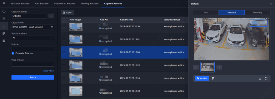 Vehicle records interface listing captured plates, capture times, vehicle attributes and matching snapshots