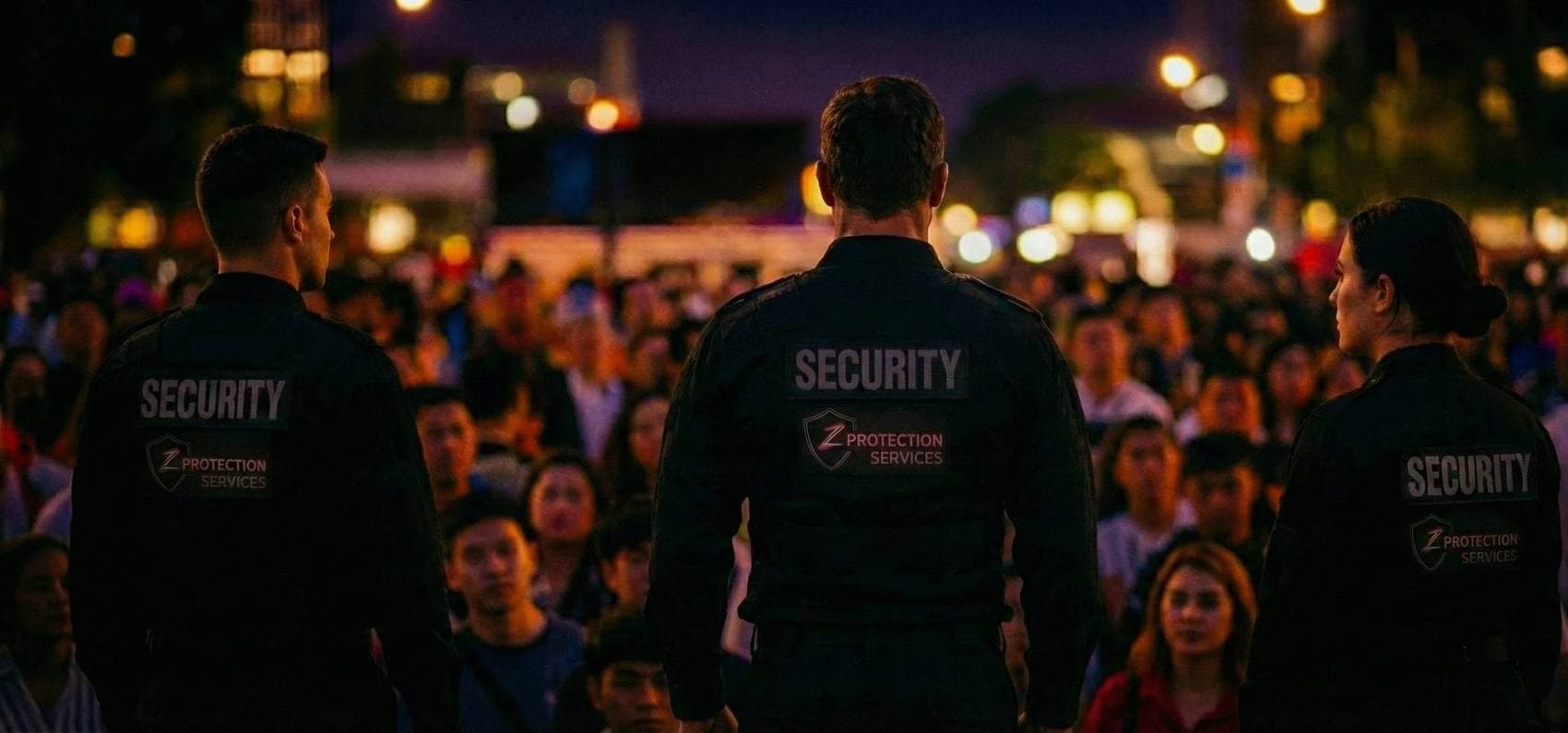 Z Protection Services crowd controllers positioned in front of a night crowd