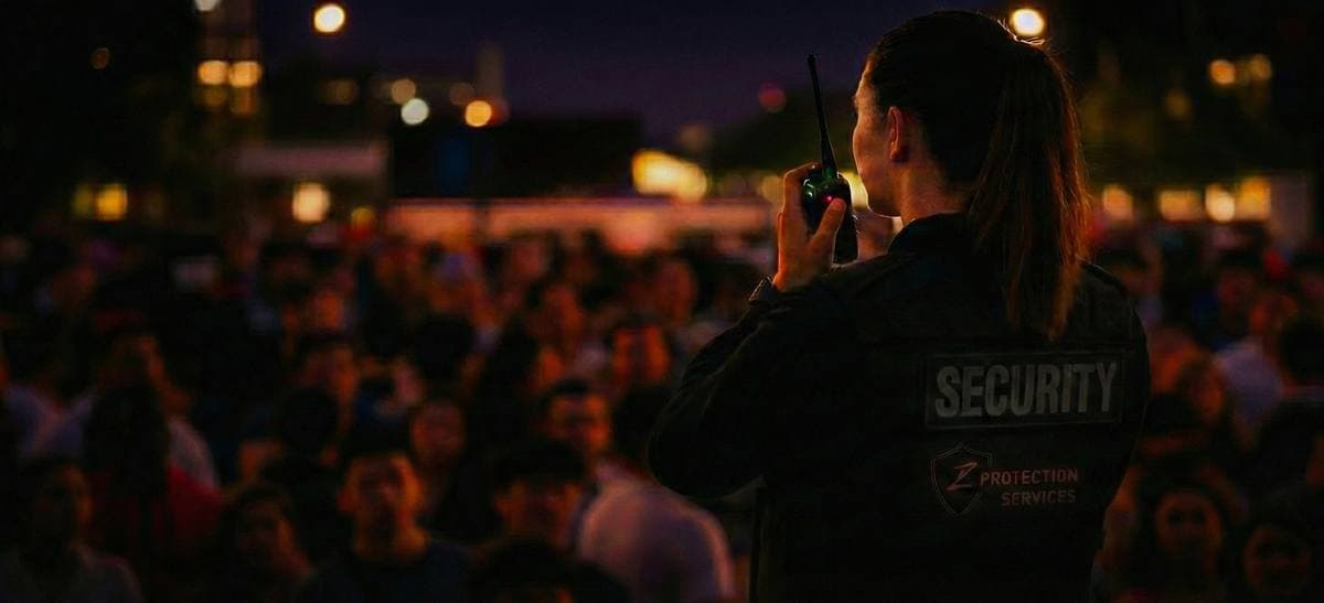 A single crowd controller on the radio facing a large crowd