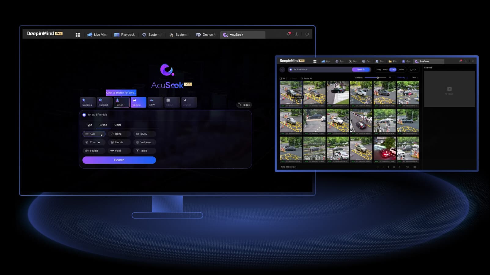 Recorder interface showing natural language search of recorded video by person and vehicle attributes