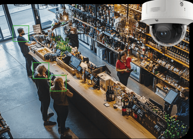 Venue camera view with patrons at the bar automatically detected and framed by the analytics