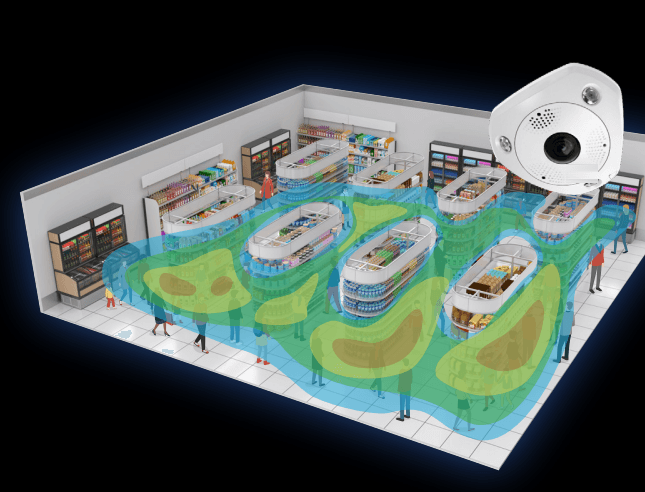 Overhead analytics view of a venue floor showing patron flow and occupancy density